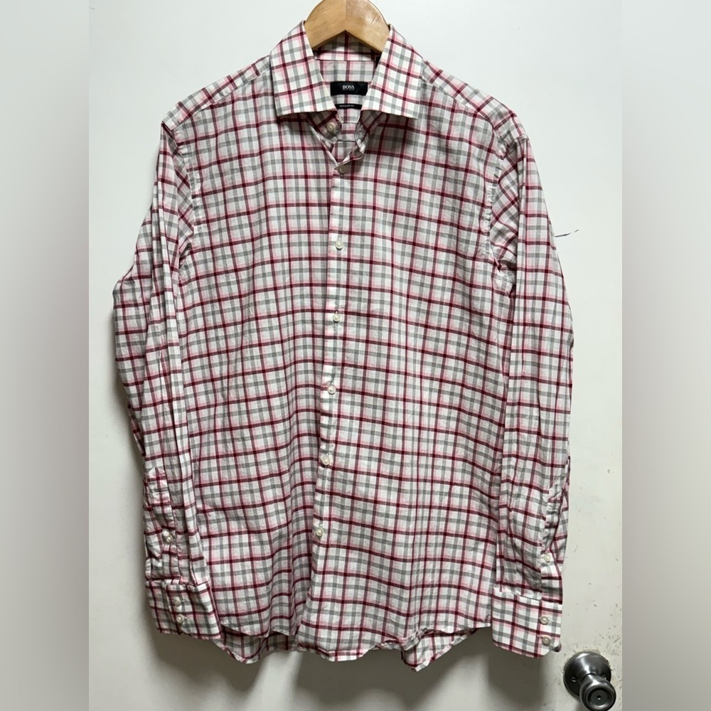 Hugo Boss Red and White Checkered Shirt